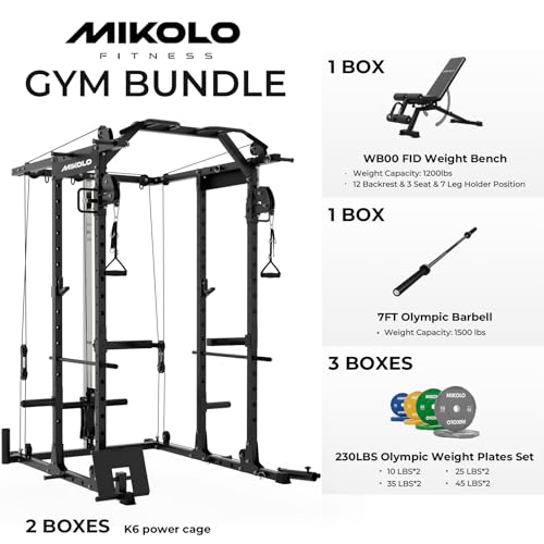 Mikolo Power Cage, Power Rack with Cable Crossover System, 1500LBS Squat Rack with LAT Pull Down System, Workout Cage with Pulley System for Fitness Home Gym - color: Black, style: Package with Color BP 230LB