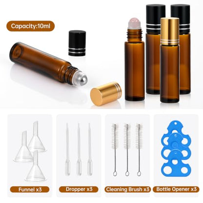 30 Pack 10ml Essential Oil Roller Bottles,Amber Glass Roller Bottles