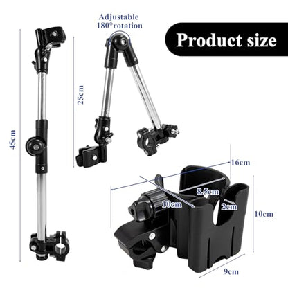 Wheelchair Cup Holder & Umbrella Holder Set with Phone Mount, 360° Adjustable Drink Holder Umbrella Mount Stand, Mobility Accessories for Wheelchair, Walker, Bike, Rollator and Scooter