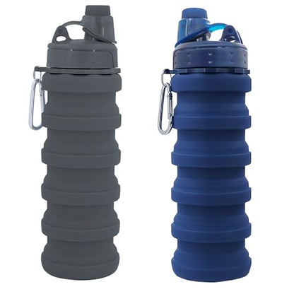 Collapsible Water Bottles Travel water bottle Sports Portable Sport Water Bottle Reusable Water Bottles comes with mountaineering Buckle 500ml silicone Water-proof camping water bottle - color: Dark blue+Grey, style: 2 pack