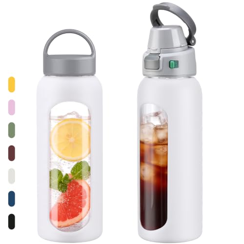 MUKOKO 32oz Glass Water Bottle with Straw, 2 Lids-Staw Lid and Screw Handle Lid, 1 Liter Reusable Drinking Bottle with Time Marker for Sports and Home, White - color: White, size: 32 Ounces