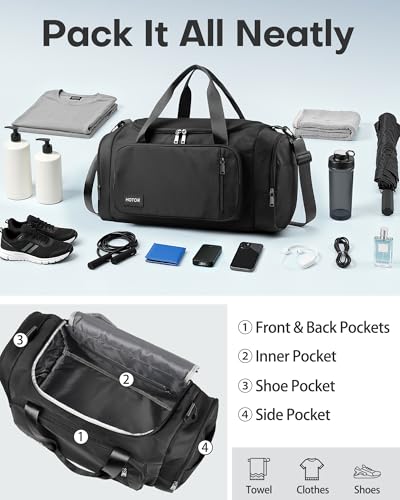 HOTOR Gym Bag, Duffle Bag with Shoe Compartment, Black 20.5x11x10.6 Inch - color: Black, size: 20.5" x 11.0" x 10.6"