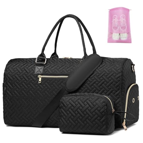 Duffle Bag for Travel, Weekender Bag with Shoe Compartment, Carry On Overnight Bag for Women with Toiletry Bag, 50L Gym Bag with Wet Pocket, Hospital Bags for Labor and Delivery Black Gold - color: Black Gold