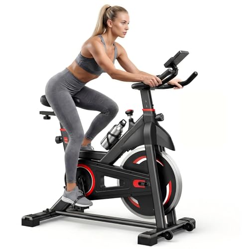 NEWBULIG Exercise Bike with APP, Stationary Bikes for Home, Workout Bike for Adults & Seniors, Cycle Machine, Adjustable Height and Resistance, Low Noise, 265lbs Weight Capacity, Easy Assembly - color: Black Red