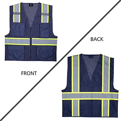 VENDACE Hi Vis Safety Reflective Mesh Vest for Men ANSI Class 2 High Visibility Vest with 8 Pockets and Zipper - color: Blue, size: Large