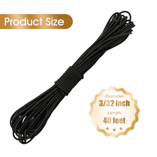 3/32 Inch Black Bungee Cord (2mm), 40 Feet Heavy Duty Elastic Shock Cord Nylon Stretch String Bungee Rope for DIY Crafting Sewing, Luggage, Camping, Tie Downs (Black, 3/32 inch x 40 ft) - size: 3/32 inch x 40 ft