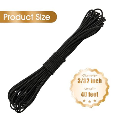3/32 Inch Black Bungee Cord (2mm), 40 Feet Heavy Duty Elastic Shock Cord Nylon Stretch String Bungee Rope for DIY Crafting Sewing, Luggage, Camping, Tie Downs (Black, 3/32 inch x 40 ft) - size: 3/32 inch x 40 ft