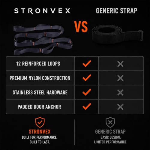12 Loop Stretching Strap – Non-Elastic Stretch Strap with Door Anchor & D-Rings for Hamstring, Legs, Yoga, Mobility & Flexibility Training