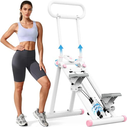 HXD-ERGO Stair Stepper, Upgrade 6-Level Resistance Stair Master with Adjustable Handlebar, Folding Stair Climber Workout Machine - color: White&Pink