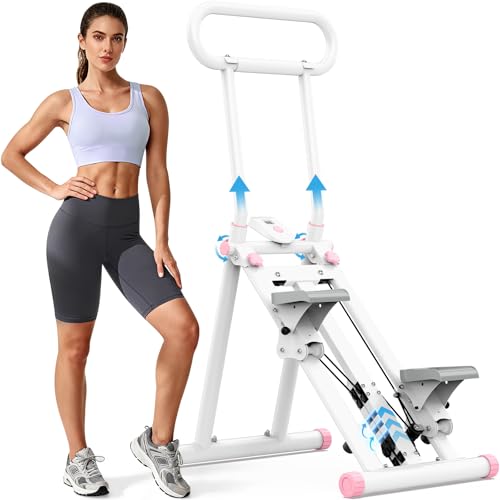 HXD-ERGO Stair Stepper, Upgrade 6-Level Resistance Stair Master with Adjustable Handlebar, Folding Stair Climber Workout Machine - color: White&Pink