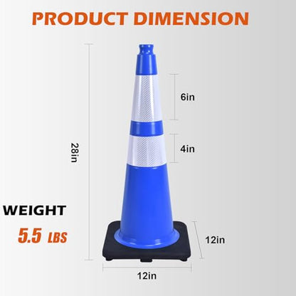 4 Pack 28 Inch Blue PVC Traffic Cones Black Base Stable Flexible, Road Safety Construction Zone Crowd Control Parking Safety Cones (4, Blue, 28 Inch) - color: Blue, size: 28 Inch
