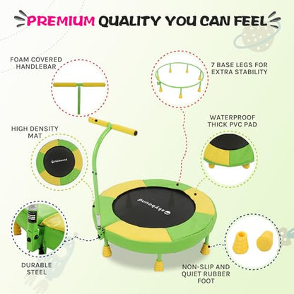 SkyBound 36 Inch Indoor Trampoline for Kids - Kids Trampoline Indoor with Handle - Toddler Trampoline with Upgraded 2.0mm Steel Pipe and Handlebar - Mini Indoor Trampoline for Kids Age 3 and Above - style: Beehive