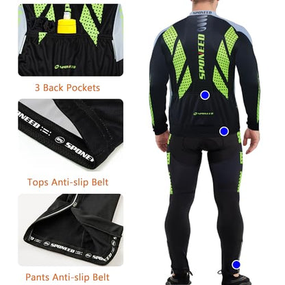 sponeed Men's Cycling Jersey Full Sleeve Riding Wear Long Sleeve T Shirts Pants - color: Fleece Green, size: Small