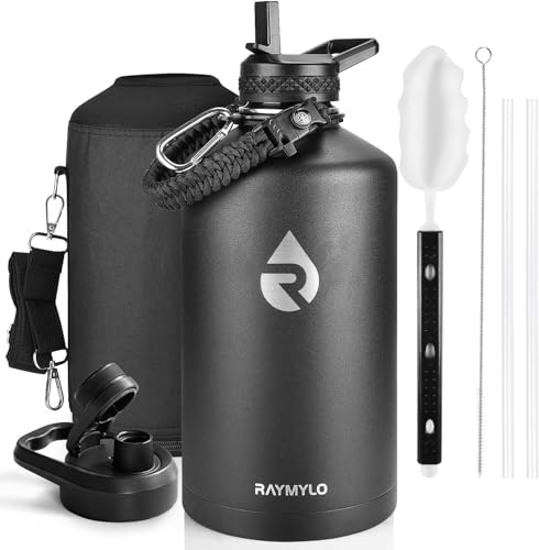 RAYMYLO One Gallon Water Bottle Insulated 128 oz, Stainless Steel - color: Magic Black, size: 128 Ounces