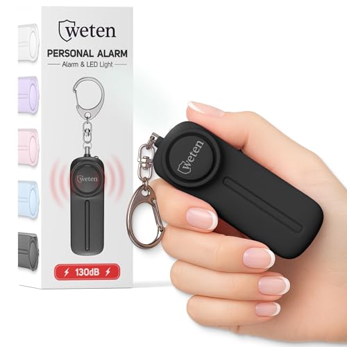 Personal Alarm Keychain for Women Self Defense - Loud Safety Whistle Alert Device with LED Light – 130 dB Emergency Security Handheld Siren Key Chain by WETEN, Black - color: A - Black