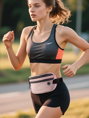 Slim Running Belt for Women Men Runners Fanny Packs With Phone Holder Hidden Pockets Exercise Waist Bag for Marathon Workout - color: Pink/T2085