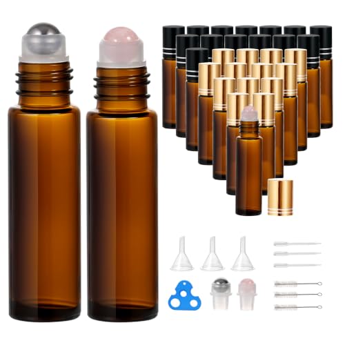 30 Pack 10ml Essential Oil Roller Bottles,Amber Glass Roller Bottles