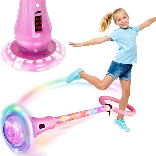Skip Ball for Kids, Rechargeable Skip Ball Ankle Toy with Flashing Light-Up Wheel & Rod, Indoor/Outdoor Toys for Kids with Counter, Timer and Cal Calculator - color: Pink