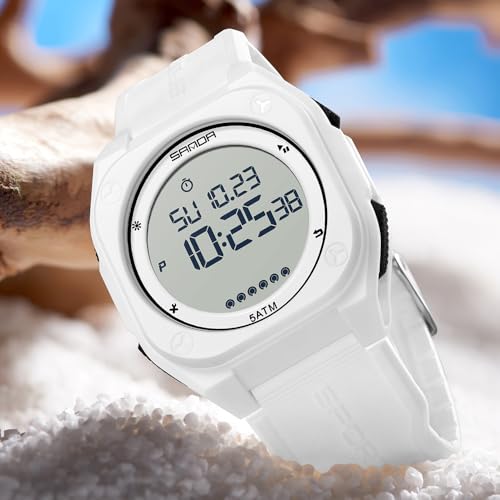 FANMIS Men's Digital Sports Watch Big Face Stopwatch Outdoor Rubber Strap - color: All White