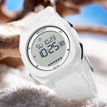 FANMIS Men's Digital Sports Watch Big Face Stopwatch Outdoor Rubber Strap - color: All White