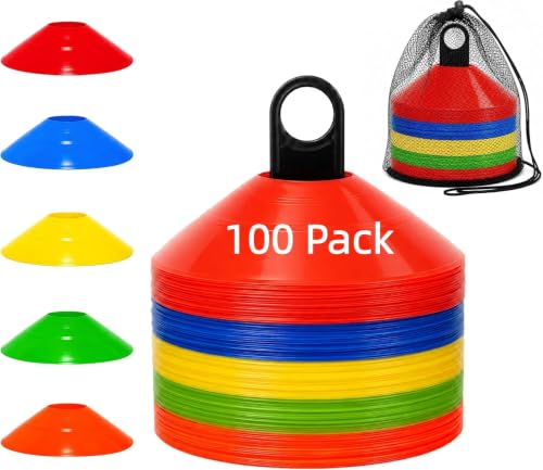 50/100PCS Soccer Cones with Carry Bag & Holder, 5 Color Disc Cones - color: 100 Pack