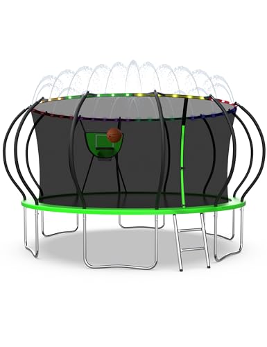 10-16FT Tranpoline Outdoor 1500LBS with Net, Light and Sprinkler - color: Green
