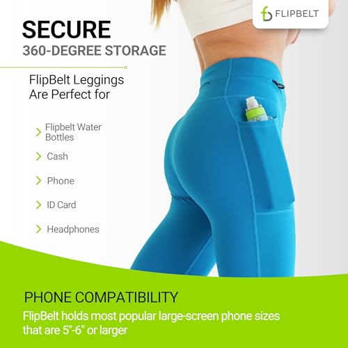 FlipBelt Women's Thermal Fleece-Lined Leggings with Built-in Running Belt with Pockets High-Waisted Moisture-Wicking - color: Blue Bay, size: X-Large