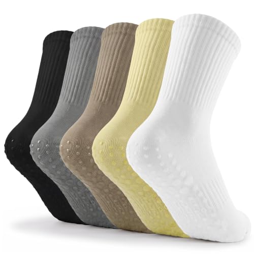 Women Pilates Grip Crew Socks-Cotton Non Slip Yoga Calf Socks for Women - color: 1white1pale Yellow1khaki1ligint Gray1black