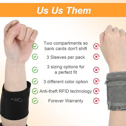 Nogeqi 2PCS Wrist Wallet for Men Women Armband Wrist Pouch Wristbands Sweatbands Anti Theft Wallet for Outdoor Sports Running Workout RFID Zipper Pouch (Black)