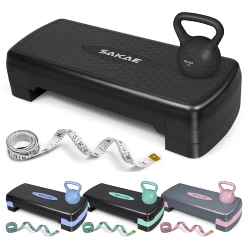 SAKAE Step Aerobics Platform Set with Kettlebell & Measuring Tape, Aerobic Steppers for Exercise at Home, Adjustable Height 2 Level Risers Workout Step Trainer with Non-Slip Surface, Multiple Colors - color: Black