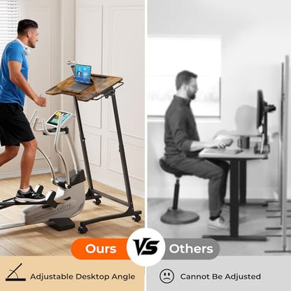 ikkle Bike Trainer Desk with Wheels, Adjustable Treadmill Desk, Rolling Standing Desk for Walking Pad Laptop, Phone Standing, Brown Wood - color: Rustic Brown, Mobile Adjust