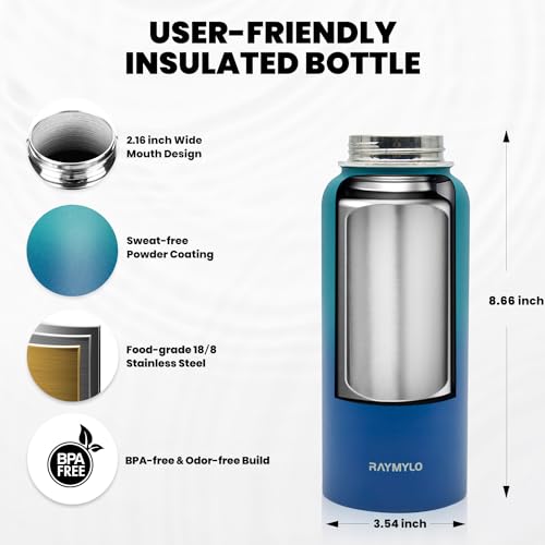 RAYMYLO Insulated Water Bottle 32 oz, Triple Wall Vacuum Stainless Steel - color: Cyan Blue, size: 32 Ounces