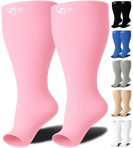 Zeta Wear Plus Size Compression Socks for Women and Men, Wide Calf Knee-High 15-19 mmHg Graduated Support, Easy-On Cuff, Fits Calves to 26 inch / 66 cm - color: 1 Pair - Pink, size: 2XL