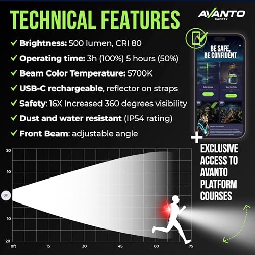 AVANTO PRO Chest Light, Original, USB-C Rechargeable, Running Lights for Runners, 500lm Adjustable Beam, 3-5h Use Time, Running Headlamp Flashlights, Walking Lights for Night Walking, Yellow - color: Yellow NP