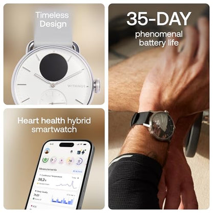 WITHINGS ScanWatch 2 - Hybrid Smart Watch, Heart Rate Monitoring, Fitness Tracker, Cycle Tracker, Sleep Monitoring, GPS Tracker, 30-Day Battery Life, Android & Apple Compatible, HSA/FSA - color: White, style: Scanwatch 2 - 38mm
