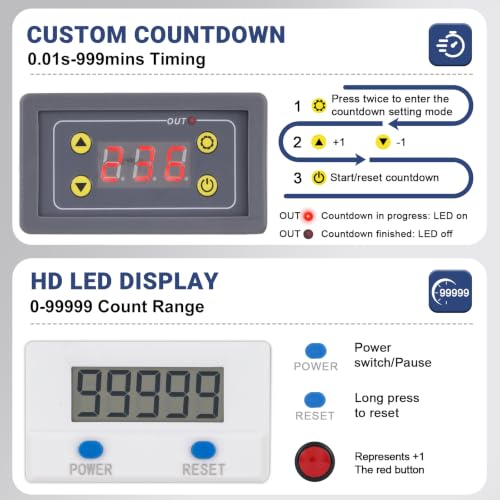 Countdown Tally Counter, 0-99999 Counts & 0.01s-999min Timer
