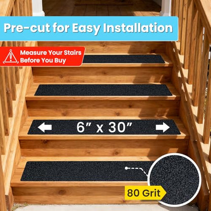 LifeGrip Outdoor Stair Treads Non-Slip 6"x30" 10-Pack Waterproof Heavy-Duty - color: Black, size: 6" x 30"