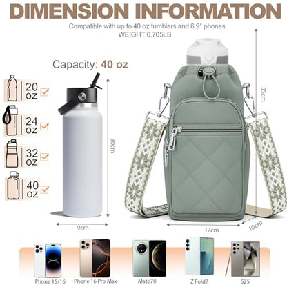 SYTRAH Water Bottle Carrier Bag with Strap, Insulated Corssbody Purse - color: Antique Green