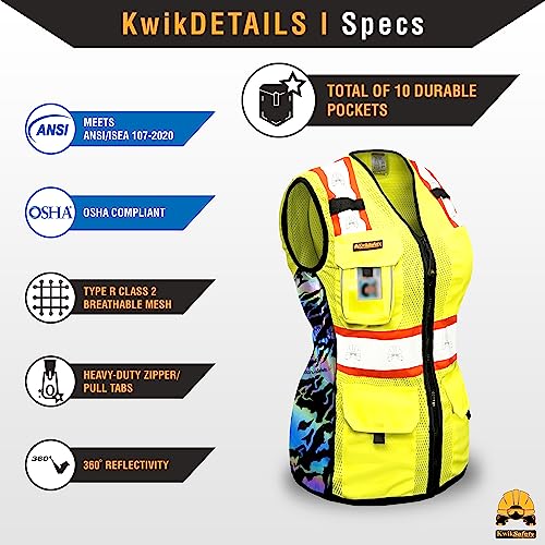 KwikSafety FIRST LADY Safety Vest for Women Class 2 ANSI OSHA Hi Vis Vest - color: Yellow (Tiger Queen), size: X-Small
