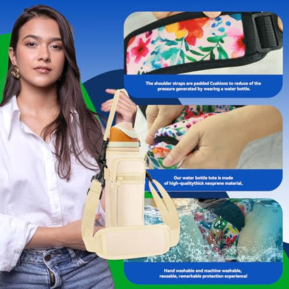Neoprene Water Bottle Holder Bag with Cell Phone Pocket Compatible with Owala FreeSip 24 oz，Water Bottle Carrying Bag ，with Adjustable Shoulder Strap,for 24oz Stainless Steel Water Bottle - color: Cream