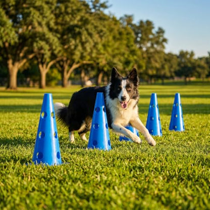 TrailBlaze Dog Agility Equipment Training Set, 12 Pack 32cm Plastic Agility Cones with 6 Adjustable Agility Jump Rods, for Puppy Medium Large Dogs Outdoor Backyard Exercise