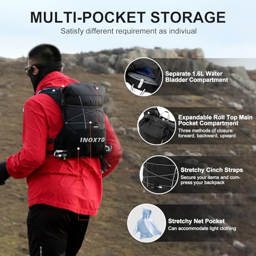 IX INOXTO Running Vest Hydration Backpack, Lightweight Running Backpack Hydration Pack with 1.6L Water Bladder Daypack for Trail Running Hiking Cycling Race Marathon for Women Men - color: Black