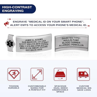 Divoti Custom Dual-Sided Engraved Silicone Medical Alert ID Wristband w/Security Clasp & Trim-to-Fit Band - Style - color: Carmella Blue / Brushed Stainless Silver / Black, size: Band Width - 19mm