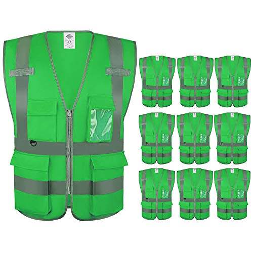 Dazonity High Visibility Safety Vest with Multi Pockets and Zipper, 10 Pcs, Reflective Strips, Fit for Men & Women, Work, Construction,Cycling, Runnning, Surveyor, Volunteer (Greeen-2XL) - color: Greeen-2xl