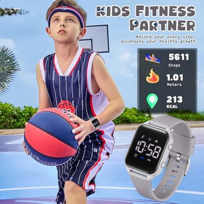 Kids Digital Watches for Boys Girls, Sports Watch with Fitness Tracker, Pedometer, Alarm Clocks, Stopwatch, No App Needed Waterproof Kids Watch, Gift for Teens Student Girls Boys Ages 5-14 - color: L6615E-Grey