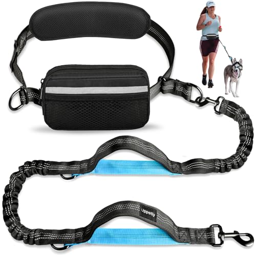 Uppetly Hands Free Dog Running Leash with Adjustable Waist Belt, Dual Handle Elastic Bungees Retractable Rope for Small and Medium Dogs, Reflective Stitches for Walking Hiking Biking (Medium, 8-25lb) - size: Medium