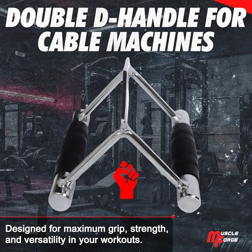 Cable Attachment Handles & Bars – One Hand, Double Handle, Triangle Grip, Straight Bar 50cm & Rope 120cm – Rotating, Rubber Grips, Steel – Accessory for Cable Machine, Tower & Power Rack - style: Double Handle