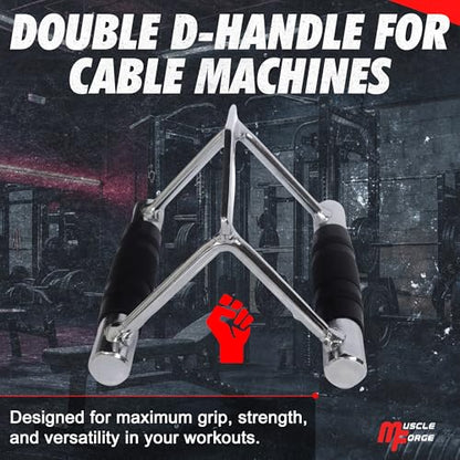 Cable Attachment Handles & Bars – One Hand, Double Handle, Triangle Grip, Straight Bar 50cm & Rope 120cm – Rotating, Rubber Grips, Steel – Accessory for Cable Machine, Tower & Power Rack - style: Double Handle
