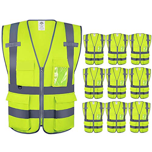 Dazonity High Visibility Safety Vest with Multi Pockets and Zipper, 10 Packs,Reflective Strips, Fit for Men & Women, Work, Construction,Cycling, Runnning, Surveyor, Volunteer (Yellow-2XL) - color: Yellow-2xl
