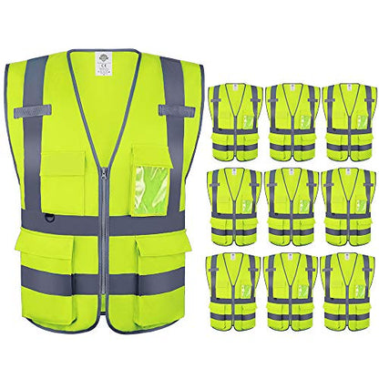 Dazonity High Visibility Safety Vest with Multi Pockets and Zipper, 10 Packs,Reflective Strips, Fit for Men & Women, Work, Construction,Cycling, Runnning, Surveyor, Volunteer (Yellow-XL) - color: Yellow-xl